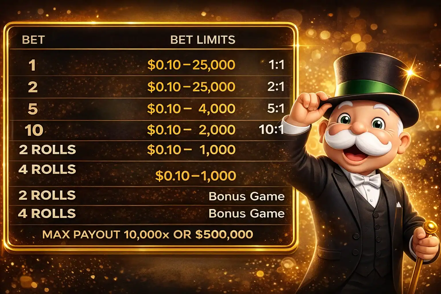 Monopoly Live tabla de apuestas límites y pagos con Mr Monopoly estilo cartoon